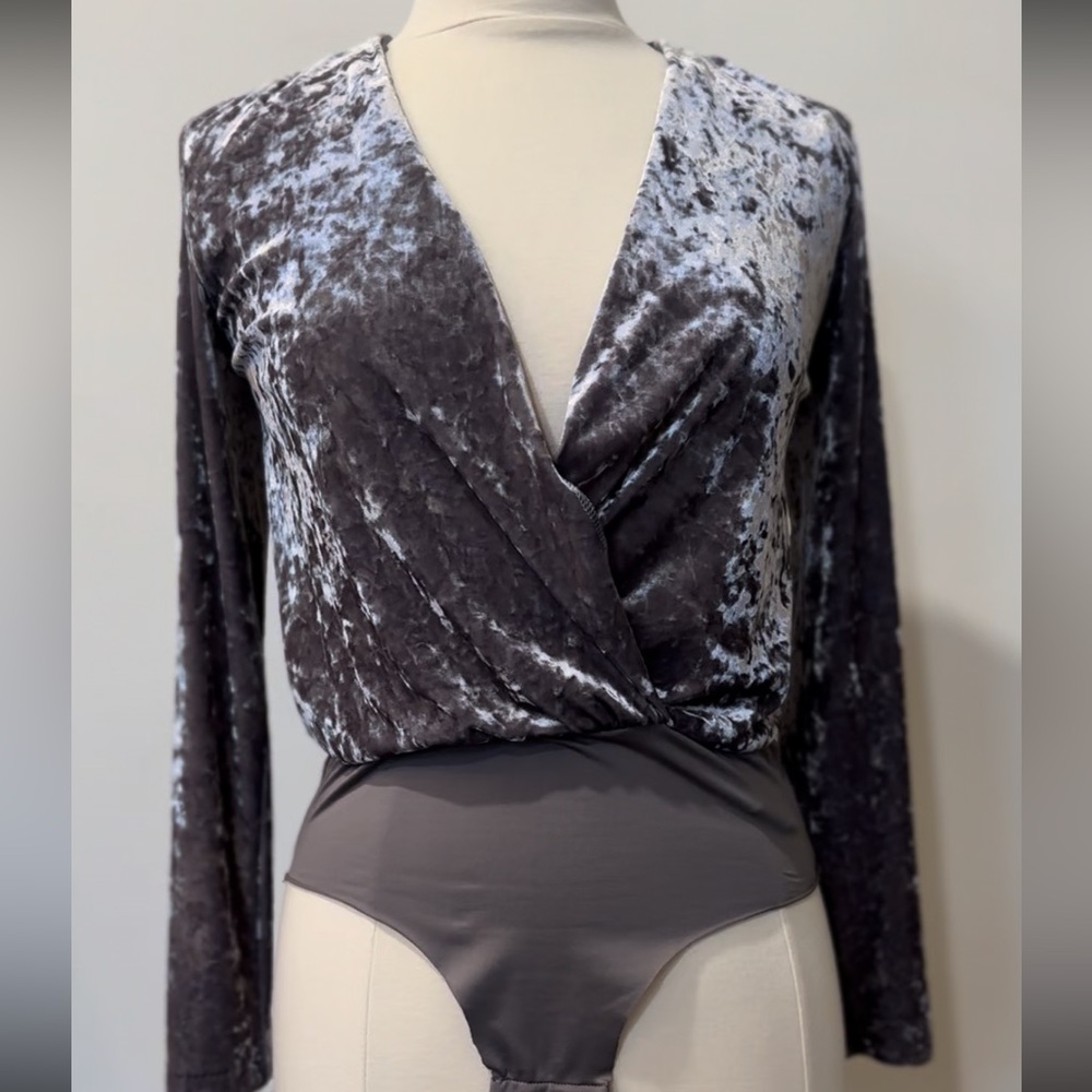 Zara Velvet Long Sleeve Bodysuit - Gray-Silver